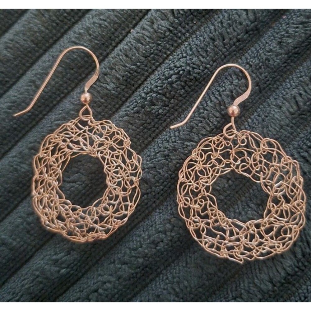 Hand Woven Wire Earrings Hoop Gold Tone